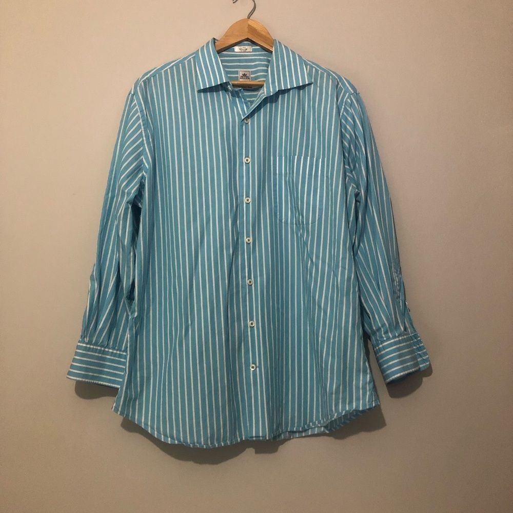 Peter Millar Weekender Wash 100% Cotton Men's Large Blue Striped Shirt